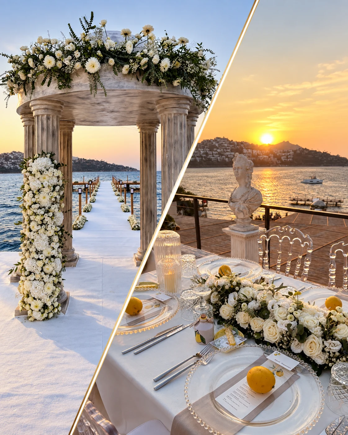 BIEN Destination Wedding - deniz kenarı tören alanı ve gün batımı masa düzeni